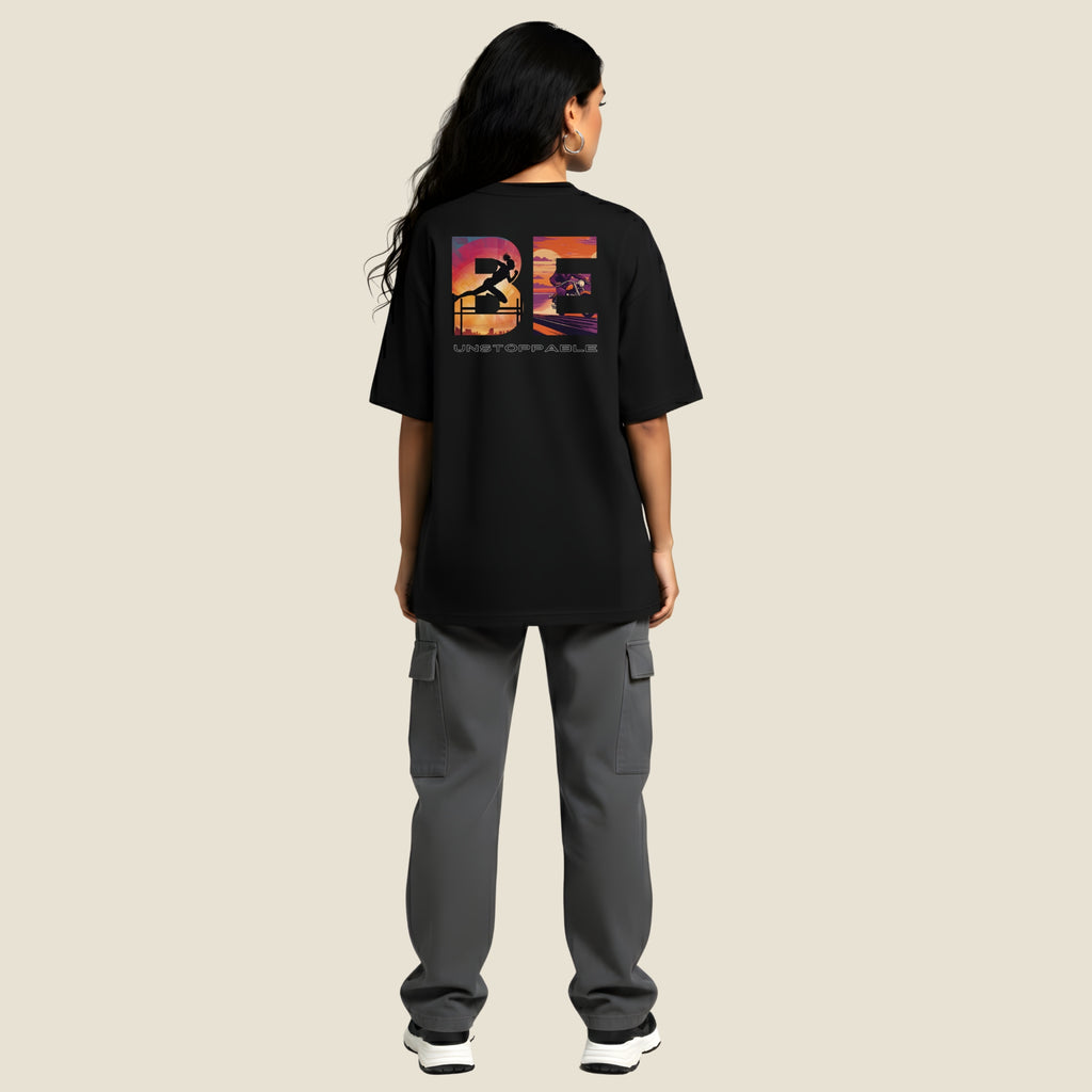 BE UNSTOPPABLE Premium Unisex Oversized Tee | Retro Sunset Drop